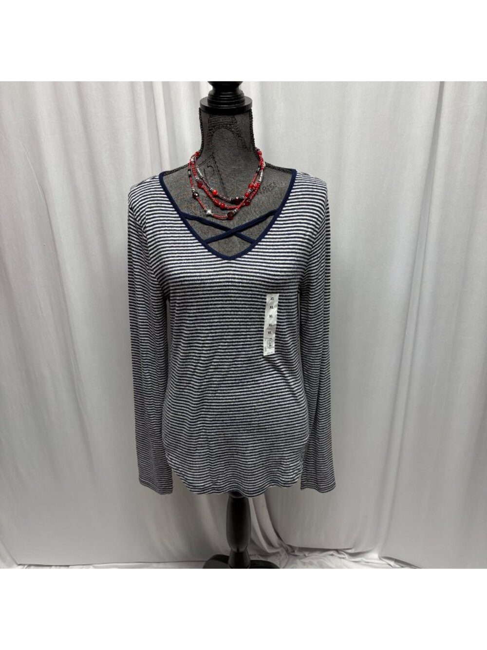 SO Long Sleeve Criss Cross V-Neck Womens Size XL Blue White Striped Casual NEW